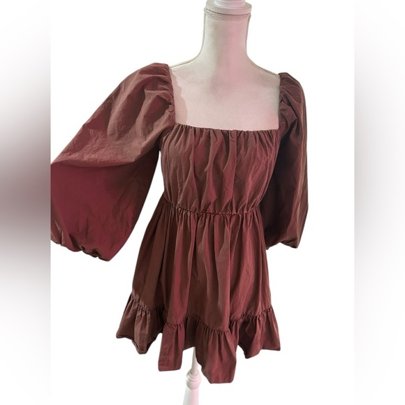 Anthropologie Mare Mare bohemian chocolate Brown Puff Sleeve mini Dress - Picture 2 of 9